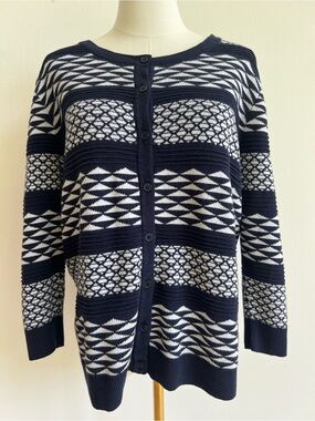 Merona Women’s Cardigan Navy White Geometric Knit 100% Cotton Button Front XXL